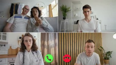 Dört birey, endişeleri tartışıp duygularını paylaşarak ekranda çift ekran çevrimiçi çağrıya katılıyor. Ayar, iletişimi ve bağlantıyı vurgulayarak, çeşitli arka planlar sergiliyor.