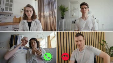 Bölünmüş ekran çevrimiçi çağrı dört kişinin bir sohbete girdiğini gösteriyor. Her katılımcı bağlantı sorunlarını yönetirken düşüncelerini paylaşır.