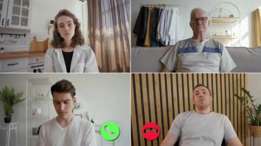 Aile üyeleri internet üzerinden iletişim kurar, deneyimlerini ve düşüncelerini paylaşırlar. Her katılımcı bu bölünmüş ekran etkileşiminde eşsiz konumunu ve perspektifini gösterir.