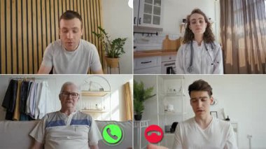 Bölünme ekranında, her biri ev ortamında olmak üzere çevrimiçi sağlık danışmanlığına katılan dört katılımcı görülüyor. Çağrı sırasında sağlık sorunları hakkında tartışmalar yapılmaktadır.