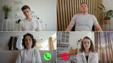 Çevrimiçi bir arama yoluyla dört kişi bağlanıyor ve çeşitli konuları tartışıyorlar. Konforlu bir oturma odasından minimalist bir çalışma alanına kadar değişiyor, sohbet için çekici bir atmosfer yaratıyor..