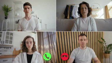 Dört kişi çevrimiçi ekranda bölünmüş bir görüşme yapıyor. Katılımcılar farklı yerlerden gelip fikir ve planları paylaşıyorlar. Evdeki dijital ortamda iletişime odaklan.