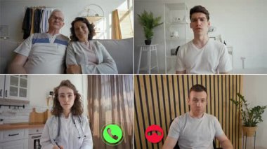 Dört katılımcı bölünmüş bir ekran görüntüsü görüşmesine katılıyor, anları paylaşıyor ve destek veriyor. Aile üyeleri, zor zamanlarda iletişimi teşvik eden bir sağlık uzmanıyla iletişim halindedirler..