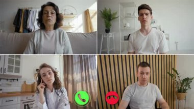 Bu video, evlerinden gelen çevrimiçi bir çağrıya katılan dört kişinin bölünmüş ekranını içeriyor.