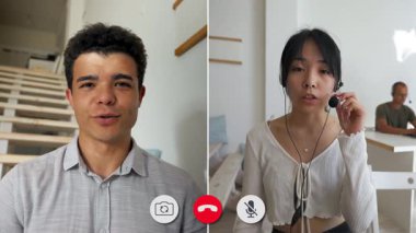 İki arkadaş internette gerçek zamanlı bir görüşme yapıyor, kişisel anlarını ve düşüncelerini paylaşıyorlar. Biri arka planda basamakları olan parlak, modern bir odada, diğeri ise basit bir ortama odaklanmış görünüyor..