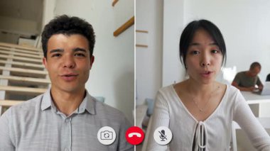 İki kişi ayrı bir ekran görüntüsü görüşmesi yapıyor. Kadın odaklanmış görünürken erkek rahat bir tavır sergiliyor. Arkaplanda geniş, minimalist bir boşluk var.