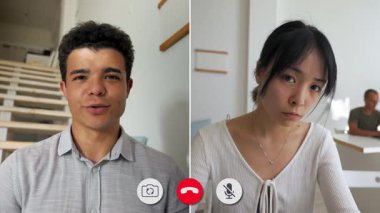 Biri parlak bir ortamdan gülümseyen ve diğeri notlara odaklanan iki katılımcıyla çevrimiçi bir sohbet gerçekleştiriliyor. Arka planda merdivenler ve sakin bir dekor var..