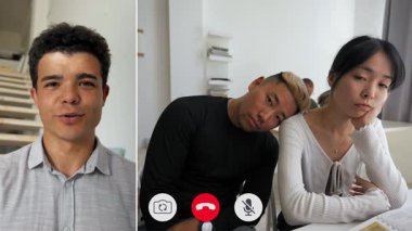 İki arkadaş online bir video görüşmesi yapıyor, biri canlı görünürken diğeri bir ortağa karşı. Atmosfer, ortak bir alanda enerji ve rahatlama karışımını yansıtır..