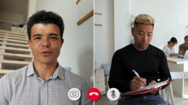 İki birey ayrı bir ekran görüşmesi yapıyor. Biri merdivenleri olan parlak bir iç mekanda, diğeri ise rahat bir kafede notlar almaya odaklanmış..