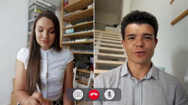 İki katılımcı, proje güncellemeleri ve işbirliği stratejilerini tartışan bir ekran görüşmesine katılıyor. Kadın fikirleri aktif olarak sunarken, erkek dikkatle dinliyor..