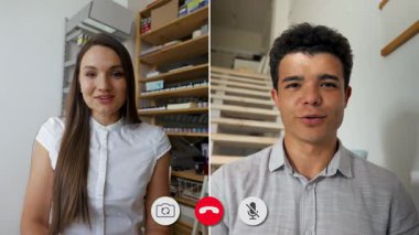 İki insan farklı ekranlarda çevrimiçi bir görüşme yapıyor, görüşlerini paylaşıyor ve fikir alışverişinde bulunuyor. Görüşmede ilgi alanları ve projeleriyle ilgili çeşitli konular ele alınıyor..