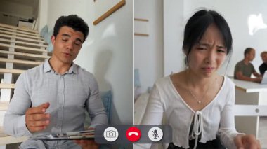 İki arkadaş, çözülmemiş bir konu hakkındaki duygularını tartışmak için ayrı bir ekran görüşmesine katılıyor. Erkek düşünceli görünürken, kadın gözle görülür bir endişe gösteriyor..