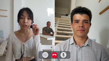 İki kişi internet üzerinden bağlanırken, bir katılımcı dikkatle dinlerken diğer katılımcı da sohbete dalıyor. Her ikisi de farklı ortamlarda konumlanmış olup iletişimi geliştirmektedir..