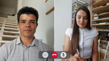 İki kişi çevrimiçi bölünmüş ekran tartışmasına katılıyor. Bir kişi merdivenlerde otururken, diğeri iyi aydınlatılmış bir odadadır. Fikir alışverişinde bulunup not alırlar..