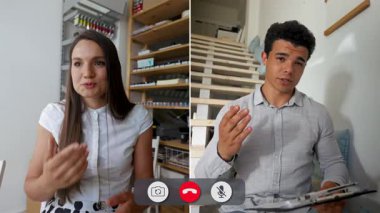 Etkili iş stratejilerini tartışan iki katılımcı bölünmüş ekran formatında işbirliği yapıyor. Kadın şaşkınlık içindeyken, erkek elinde tabletle fikirler sunuyor..