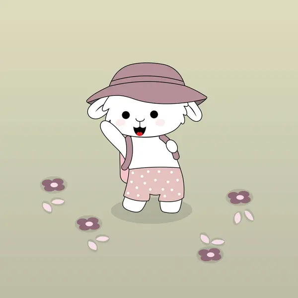 Arkasında sırt çantası olan bir şapka takan sevimli küçük koyunlar. Kawaii tarzı. EPS10 düz vektör çizimi.