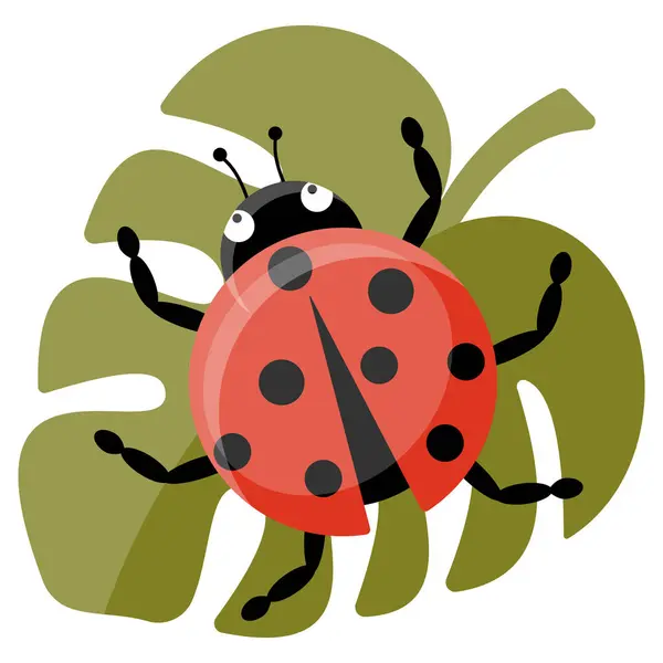 Posta kartı çıkartmaları için yaprak üzerinde oturan Vektör Şirin Uğur Böceği Çizgisi Çizimi