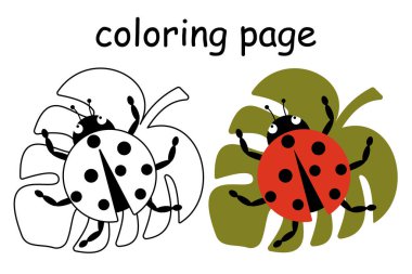 Yaprak üzerinde oturan vektör sevimli uğur böceği boyama kitabı için çizgi film stili çizimi