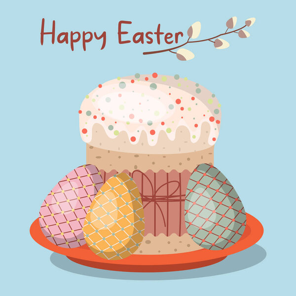 Vector Easter illustration with cupcake and painted eggs on red plate Happy Easter inscription