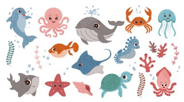 Elle çizilmiş deniz hayvanları, egzotik karikatürler, sualtı sevimli yaratıklar, dizaynınız için deniz yaşamı.