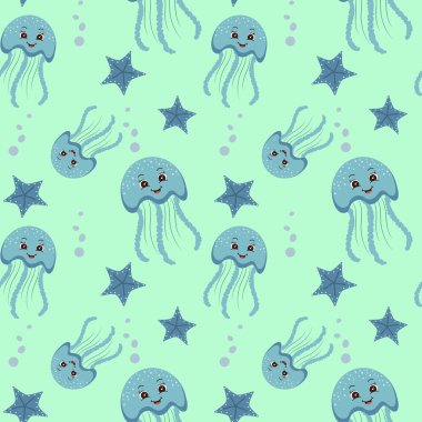 Şirin denizanası ve denizyıldızı desensiz arka plan. Ambalaj kağıdı, duvar kağıdı, çıkartma, defter kapağı için modaya uygun bir yaz modeli. Düz biçim