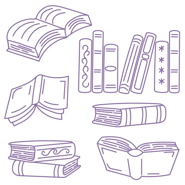 Kitap taslaklarının çizimleri. Kitapçı, kütüphane satırlarının sembolleri. Bir sürü kitap silueti. Kitapların el çizimleri, kütüphane, kitapçı simgeleri. Düz biçim