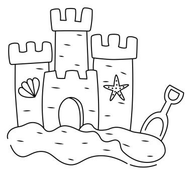 Yaz Kum Şatosu. Renklendirme sayfaları için beyaz arkaplanda Doodle çizimi. Düz biçim