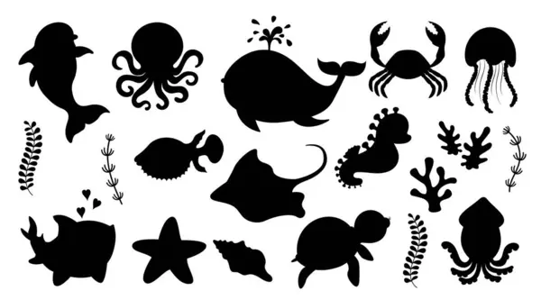 İzole edilmiş deniz hayvanlarının siyah siluetleri. Deniz hayatı, okyanus tasarımı baskı, poster, kartpostal için elementler.