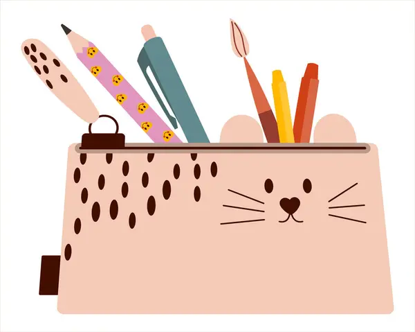 Kırtasiye kalemleri ve fırçalarla dolu şirin bir kalem kutusu. Okul malzemelerinin tasviri. Çıkartmalar, poster tasarımları ve afişler için uygun. Düz biçim