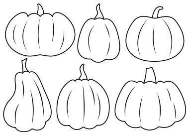 İzole arka planda sonbahar balkabağı seti. Renklendirme için kabak tasviri. Şükran Günü, hasat, sonbahar sezonu için mükemmel. Düz biçim