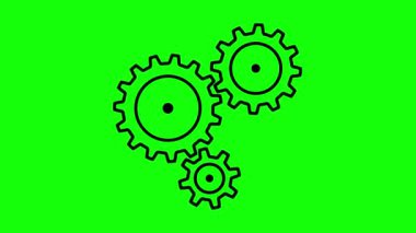 Değişik boyutlarda üç dönen dişlinin animasyonu. Yeşil arka plan. Vites tekerleklerinin dönüşü, çalışan motor ve dişlilerin döndürülmesi.