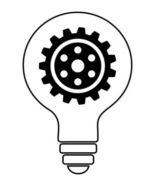 İçinde vites olan bir ampulün iş simgesi. Bir ampulün silueti. Fikir, amaç, iş, dijital içerik. Yazdırma ve tasarım için ampul grafik sembolü