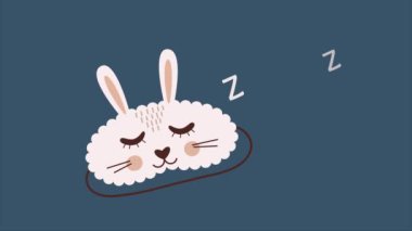 Tatlı uyku maskesinin animasyonu. Zzz koyu mavi arka planda uyur. Tavşan gözü maskesi gece aksesuarı seyahat ederken dinlenin. Dünya Uyku Günü