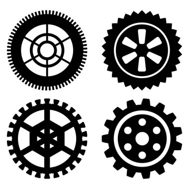 Farklı vites simgeleri. Tasarımın için iş iletişimi konsepti. Mekanizmalar, vites kutusu. Siyah dişli sembolleri. İlerleme veya bakım süreci, çalışma döngüsü.
