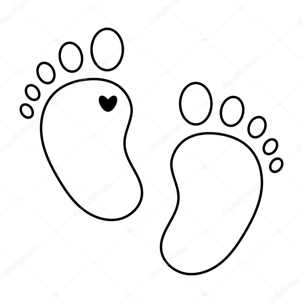 Baby feet. Icon of a baby footprint with a heart. Black and white. Illustration with editable stroke