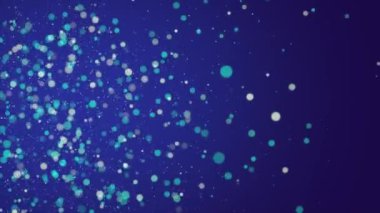Koyu mavi zemin üzerinde yüzen güzel bokeh parçacıkları ve toz parçacıkları. Yeni yıl için arka plan, doğum günü kutlamaları tasarımı