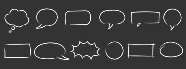 Tebeşirle çizilmiş konuşma ve düşünce baloncukları sınıf tahtası arka planında. El çizimi diyalog çerçeveleri.