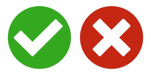 Kene ve çapraz işaretler. Evet ve hayır. Yanlış ve doğru, doğru ve yanlış. Doğru ve yanlış, kabul et ve reddet. Yeşil kene tamam ve kırmızı x çarpı. beyaz üzerine izole.