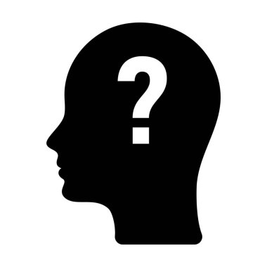 Soru işareti olan bir kişinin kafasının simgesi. Sorunlara çözüm bulmak. Psikoloji. İş dünyası.