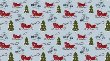 Animasyon Noel deseni. Noel Baba kızağı, Noel ağaçları ve hediye çantaları. Yeni yıl ve kış, Noel tatilleri ve hediyeler.
