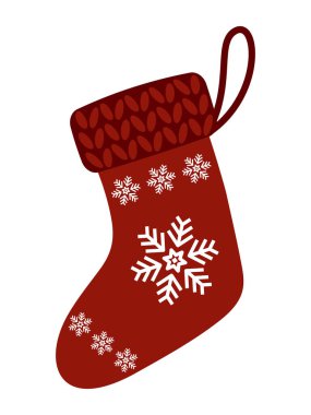 Beyaz kar taneli kırmızı çorap. Şömineye asılacak hediyeler için Noel çorabı. Aziz Nicholas Çorabı