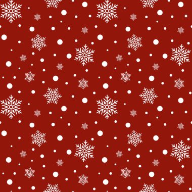 Noel deseni. Beyaz kar taneleri ve kırmızı zemin üzerinde kar. Tatil tasarımı, ambalaj kağıdı, kart ve afişler için doku ve dekorasyon.