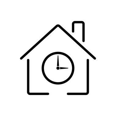 Ev ve saat simgesi minimalist tarzda. Zamanlayıcı ve ev. Kısa vadeli kira. Kira süresi, ev kirası, geçici konut. Planlanmış ev yenileme projeleri.