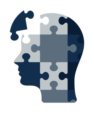 Mavi kafa şeklinde bulmacalar. Bir yapboz parçası eksik. Yaratıcılık, ilham, mantıklı düşünme. İnsan beyninin potansiyeli.