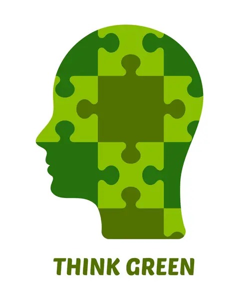Çevre dostu illüstrasyon. Yeşil bulmacalardan yapılmış bir insan kafası silueti. Zihinsel sağlık farkındalığı.