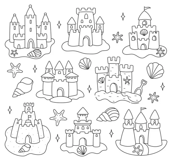 Kumdan kaleler. Büyük set. Yaz Kumdan Kaleler. Deniz kabukları. Renkli sayfalar için taslak çizimi. Düzenlenebilir Vuruş. Deniz yaşamının eğlenceli bir gösterimi.