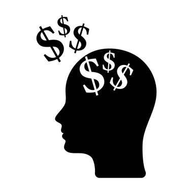 Dolar işaretli baş simgesi. Para hakkında düşünceler. Para bağımlılığı ve soğan manyağı. İş stratejisi, mali planlama.