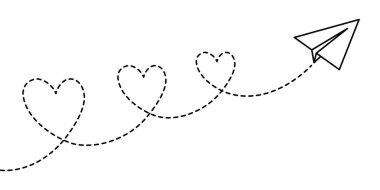 Uçak yolculuğu rotası. Seyahat sembolü, romantik yolculuk konsepti, sevgililer günü. Kesik uçuş izi