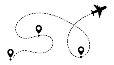 Kesik çizgili bir uçak rotası. Uçak uçuşunun rotası. Yönlendirme simgesi. Harita konum göstergesi. Konum, iğne