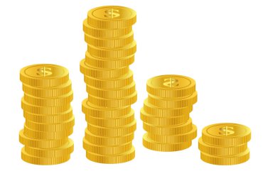 Üzerinde dolar işareti olan 4 deste parlak altın sikke. Finansal başarı, tasarruflar, yatırım büyümesi ve zenginlik birikimi.